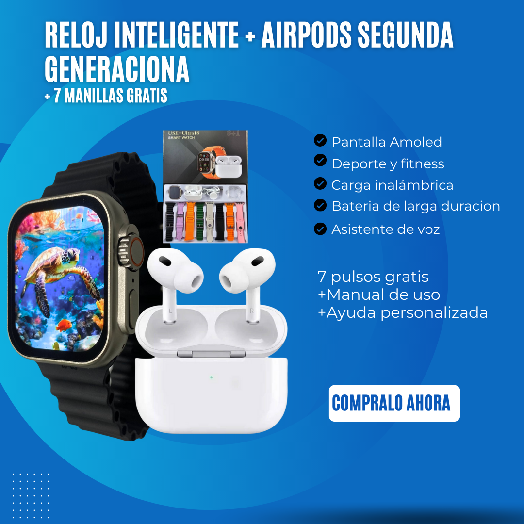 SMART WATCH INTELIGENTE ULTRA 18 INCLUYE AIRPODS SEGUNDA GENERACACION + 7 MANILLAS GRATIS Y CARGADOR INALAMBRICO