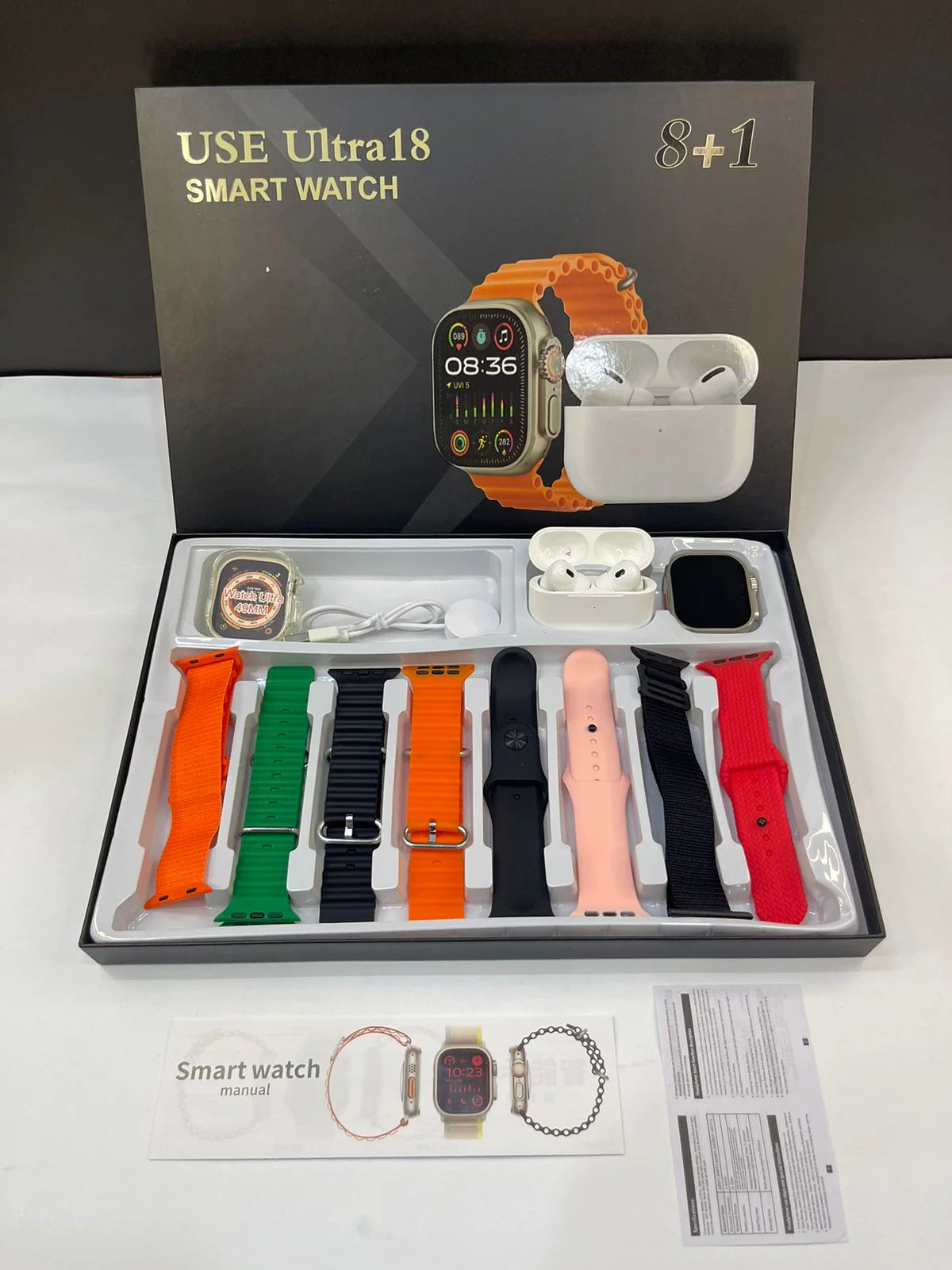 SMART WATCH INTELIGENTE ULTRA 18 INCLUYE AIRPODS SEGUNDA GENERACACION + 7 MANILLAS GRATIS Y CARGADOR INALAMBRICO